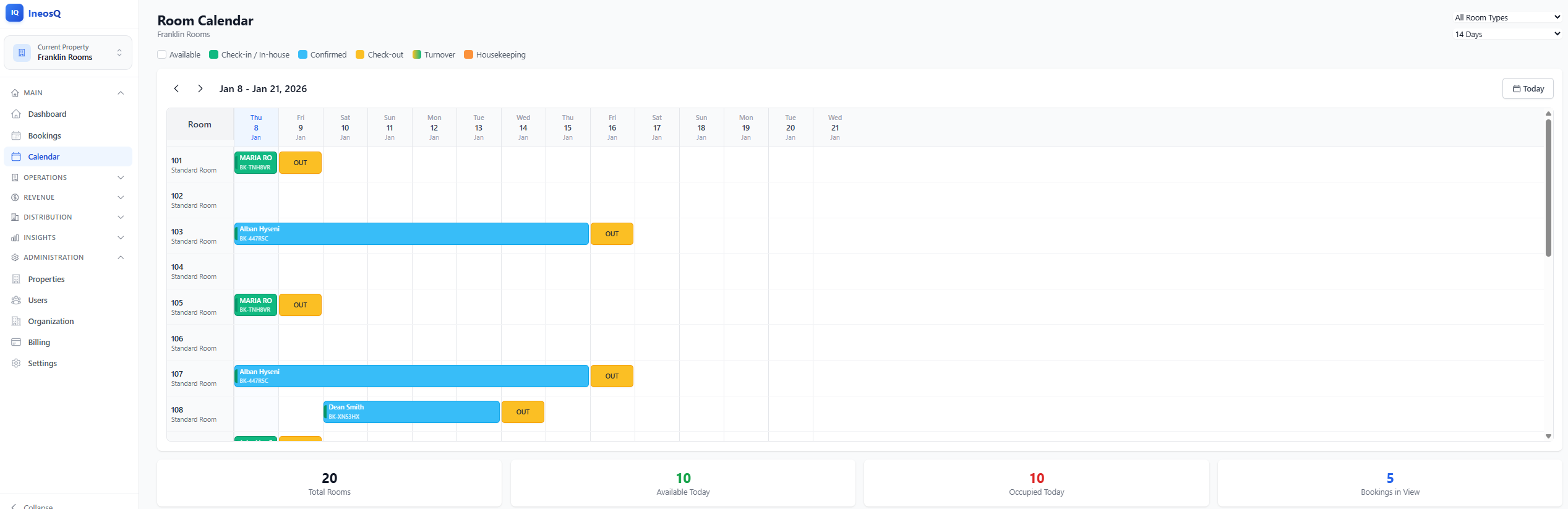 IneosQ PMS Calendar - Booking management
