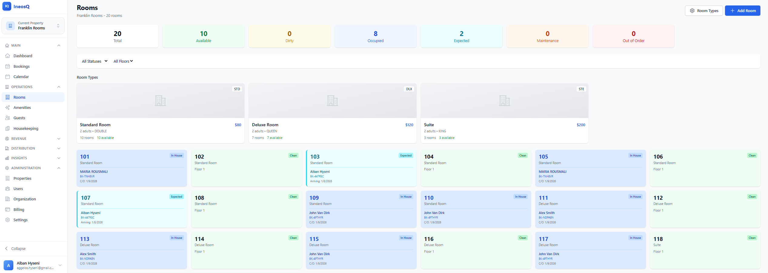 IneosQ PMS Rooms - Room management interface
